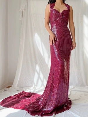 Vintage Ruby Silk Sequins Gown - L/US 12