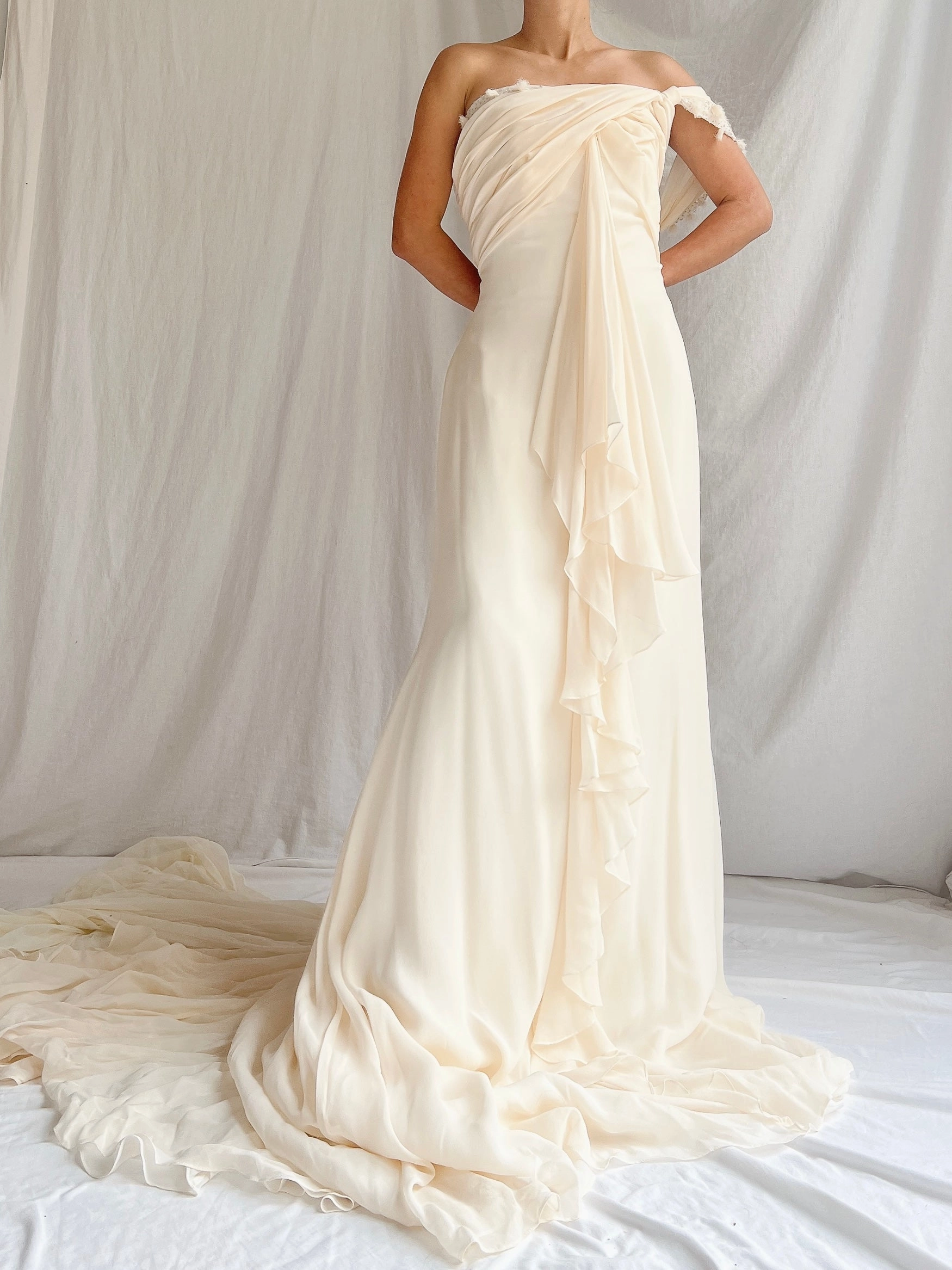 Vintage Silk One-Shoulder Gown - M