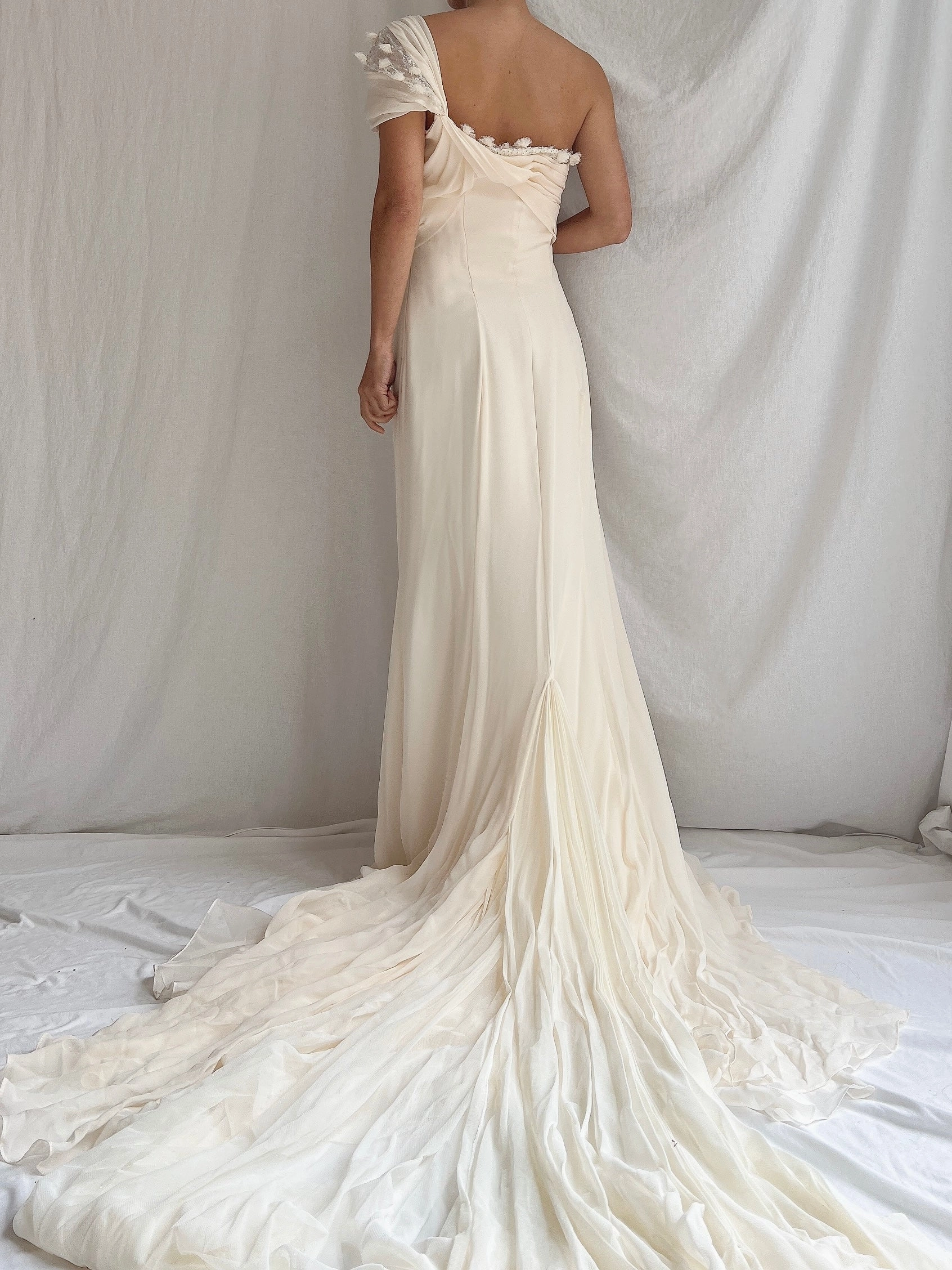 Vintage Silk One-Shoulder Gown - M