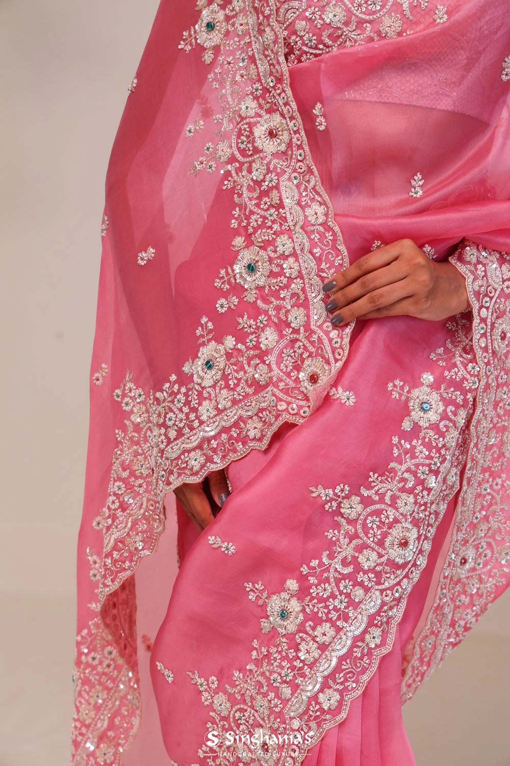 Watermelon Pink Organza Handcrafted Saree