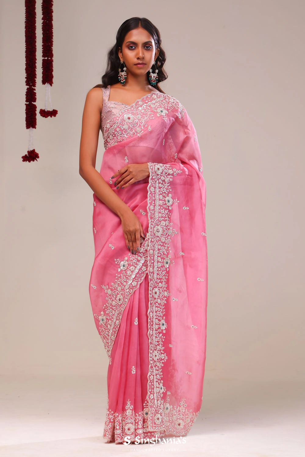 Watermelon Pink Organza Handcrafted Saree