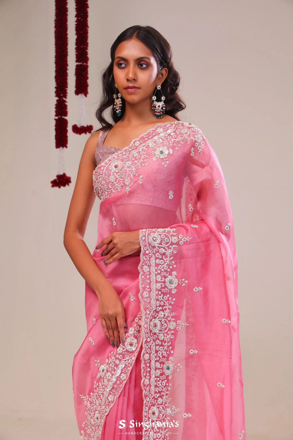 Watermelon Pink Organza Handcrafted Saree