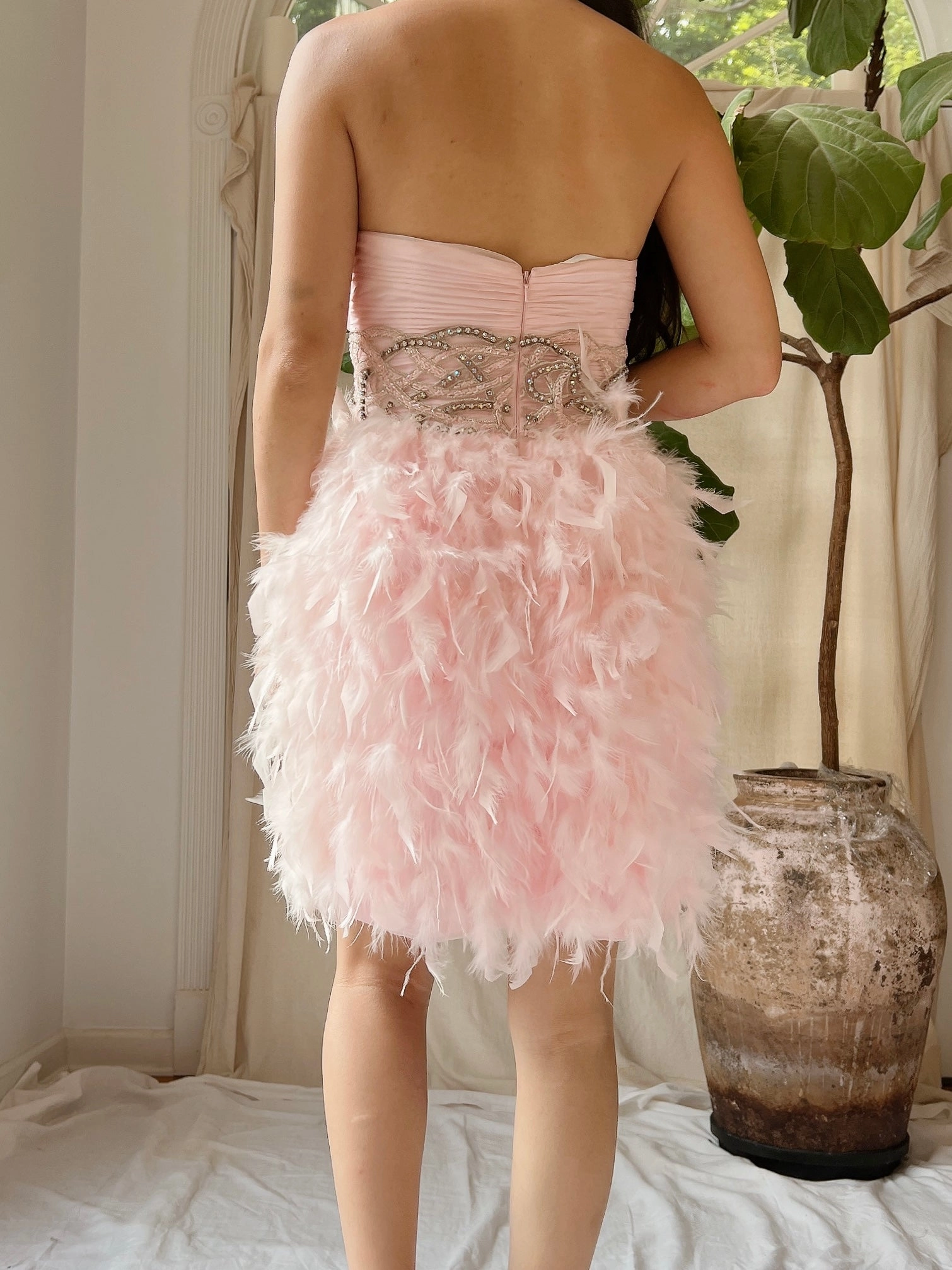Y2K Pink Chiffon Feathered Dress - XS/2