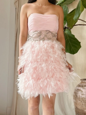 Y2K Pink Chiffon Feathered Dress - XS/2
