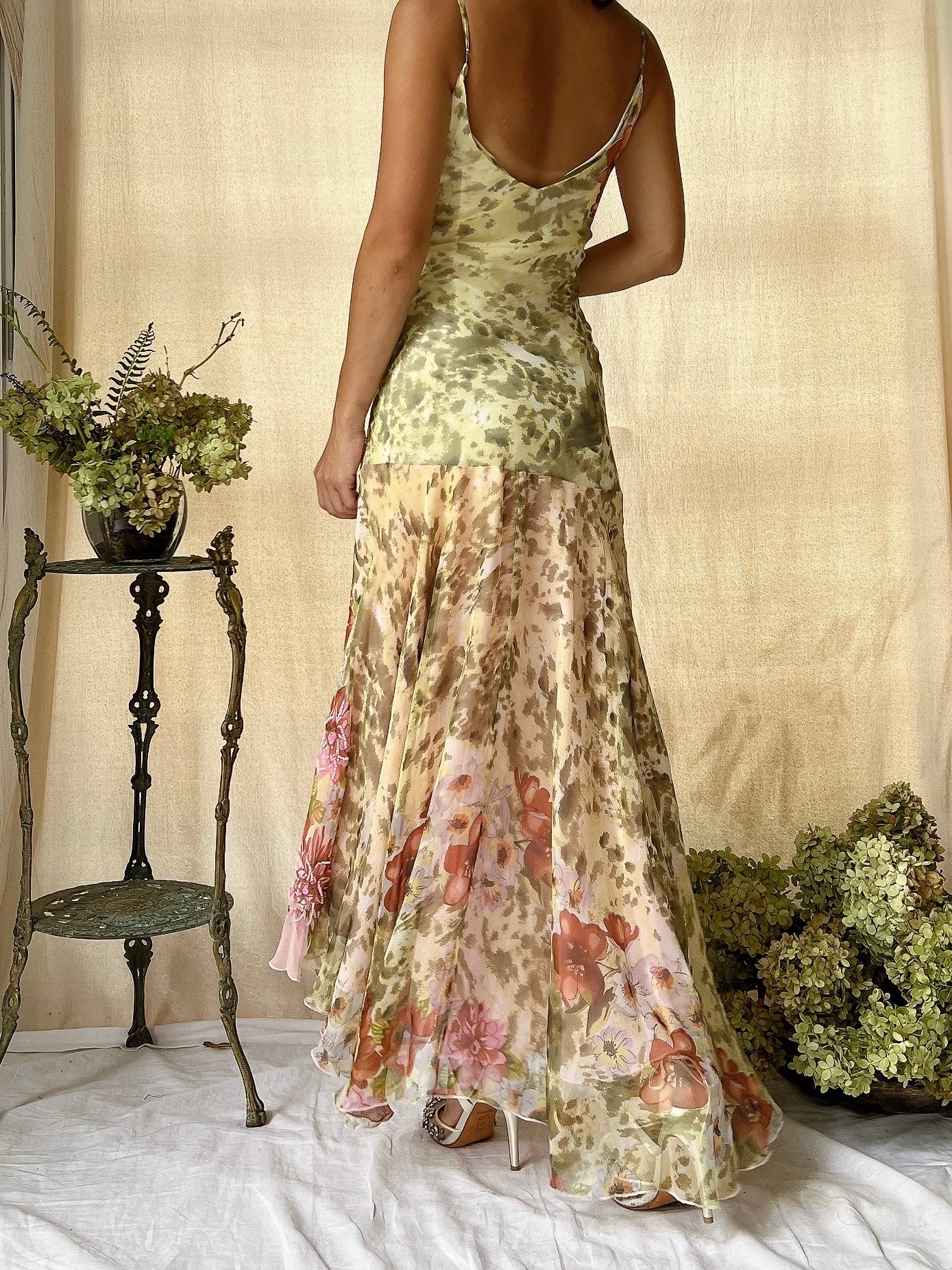 Y2K Pink Silk Hi-Low Floral Dress - M